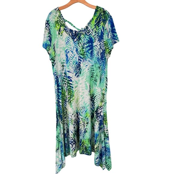 Chicos 3 Womens  Blue Tropical  Short Sleeve Asymmetrical Midi Dress Size XL - Picture 2 of 14